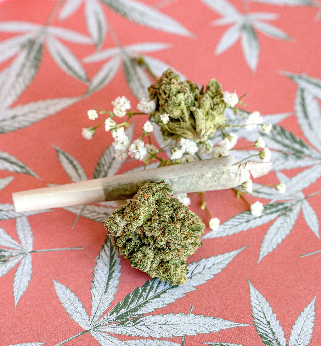 Green Kush on Red and White Textile